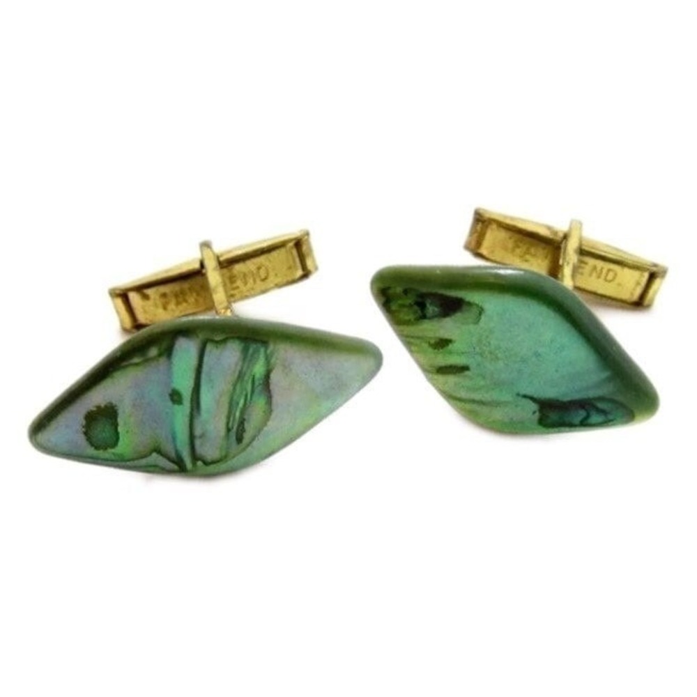 Vintage Old Green Abalone Shell Gold Toned Cufflinks